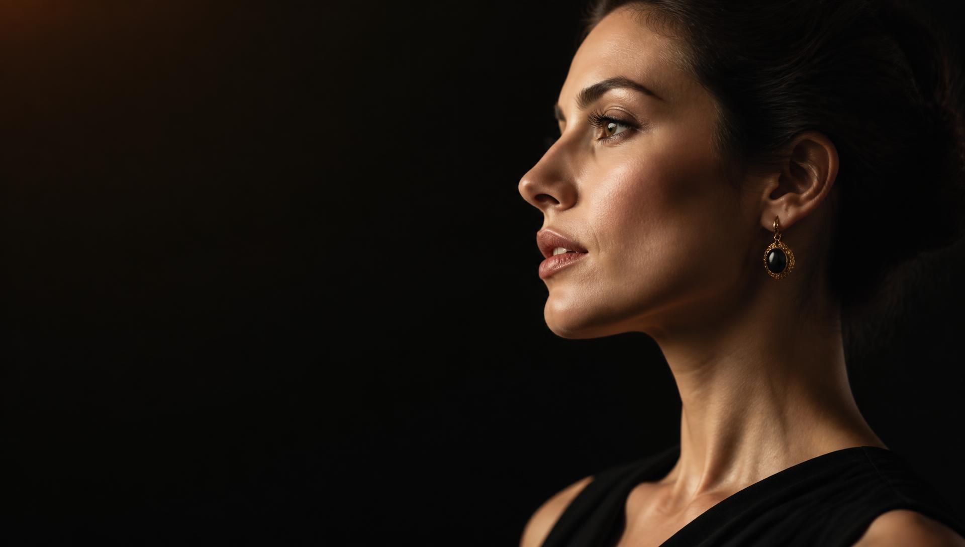 Editorial side profile of a woman, jawline and neck defined by sculptural light
