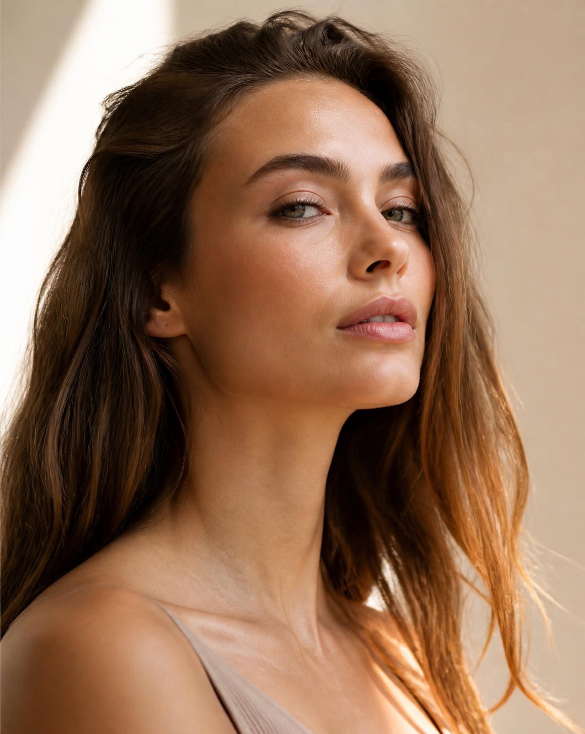 Three-quarter profile portrait showing the natural relationship between face, jawline, chin and neck