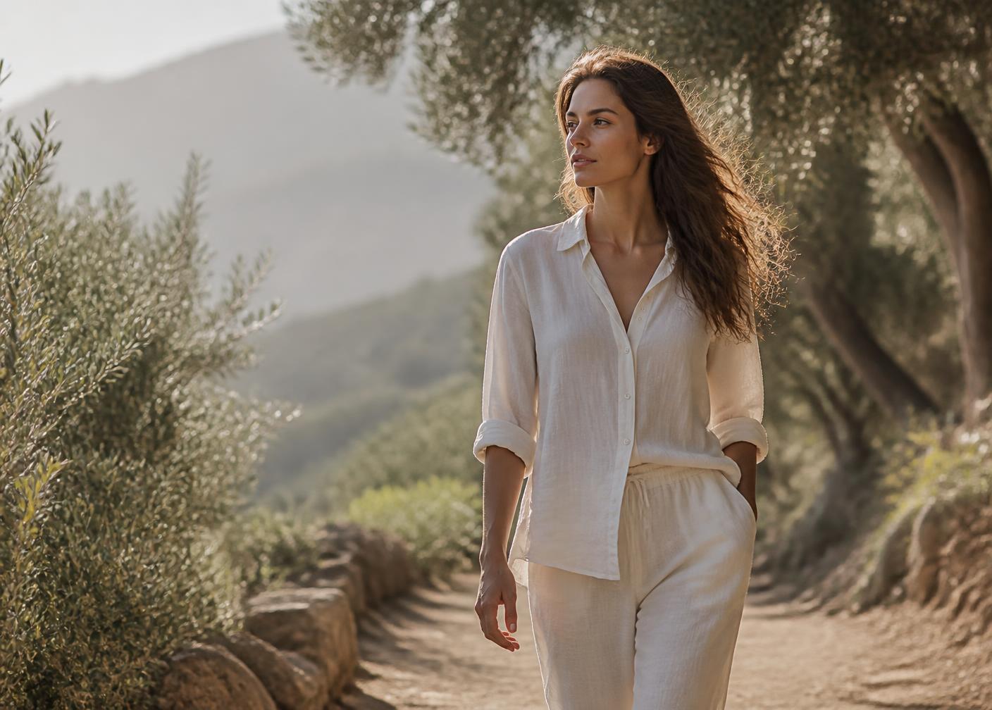 Woman walking outdoors in soft morning light