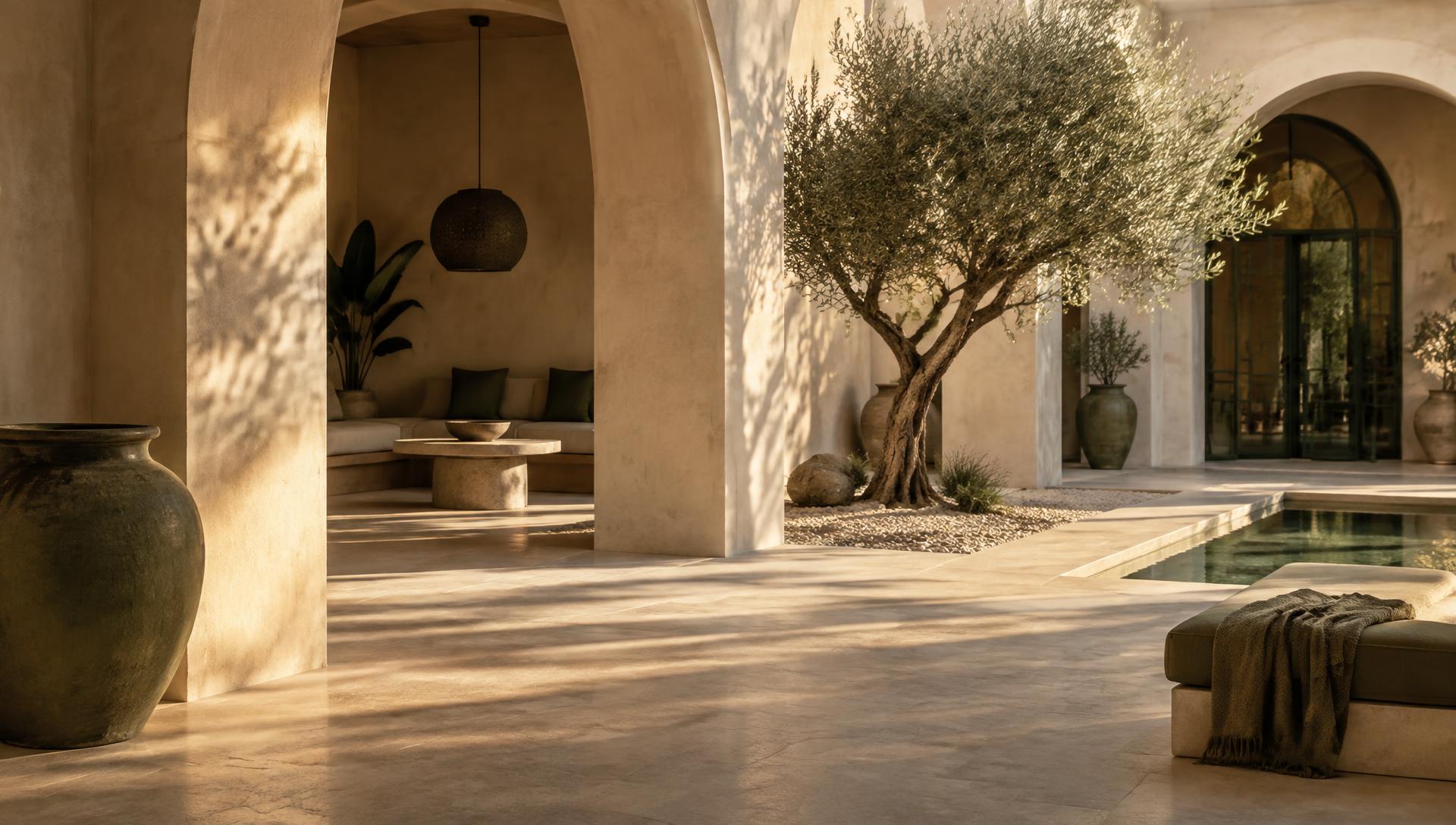 A sunlit desert courtyard with plaster arches and an olive tree