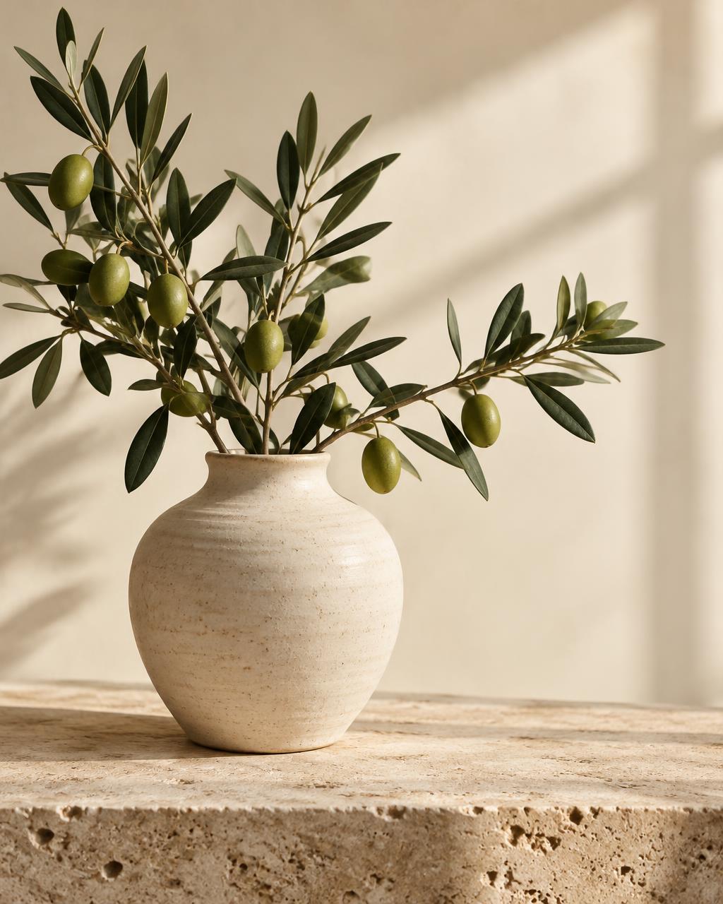 An olive branch in an ivory ceramic vessel on warm travertine